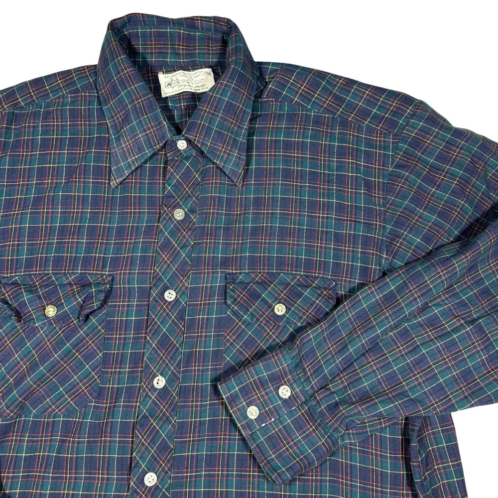 Vintage Kmart Plaid Flannel Work Shirt Mens XL Teal Navy Red Long Sleeve RN42000